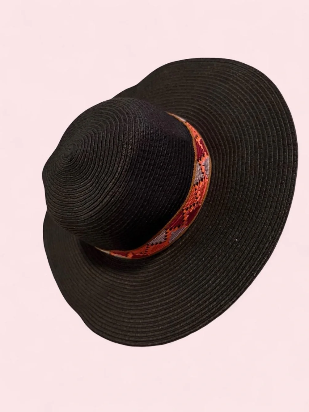 Wide-Brim Black Straw Sun Hat with Orange Patterned Band